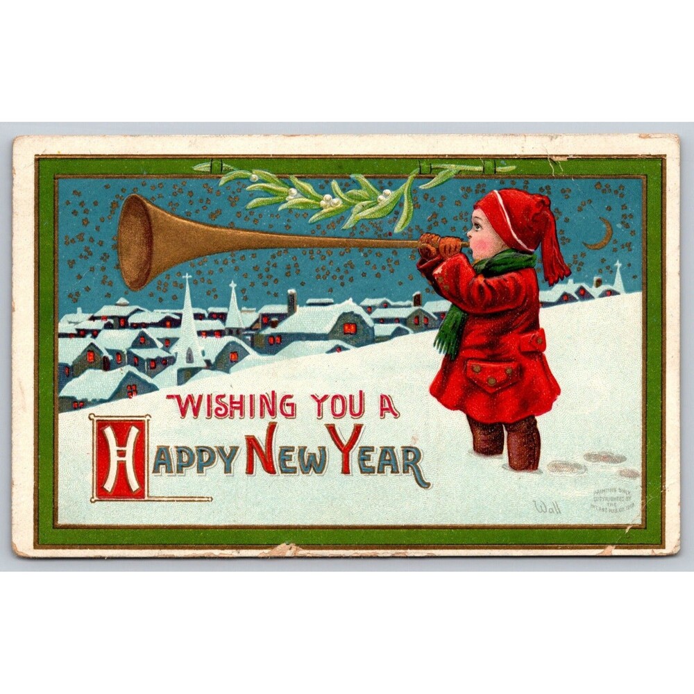 Postcard Happy New Year Boy with Large Horn Artist Wall Posted January 1912 NE